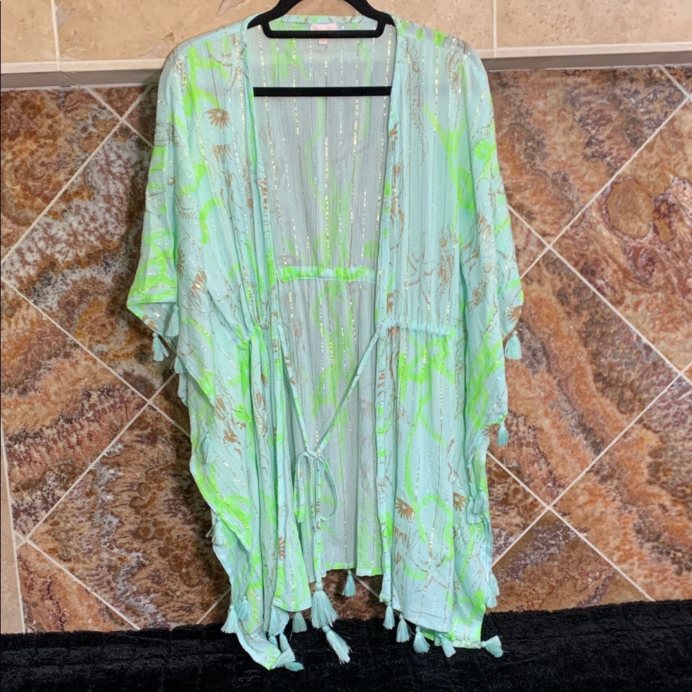 TROPICAL GLAMOUR | RANEES Printed Cover-Up Robe - Green & Blue S/M - Picture 3 of 10